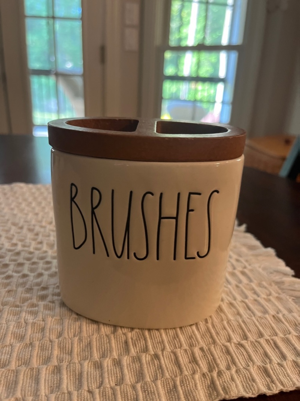 Ceramic Brush Holder with Wood Top - 'BRUSHES' Lettering